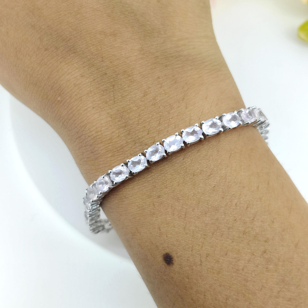 Rose Quartz Tennis Bracelet: 925 Sterling Silver Oval Gemstone
