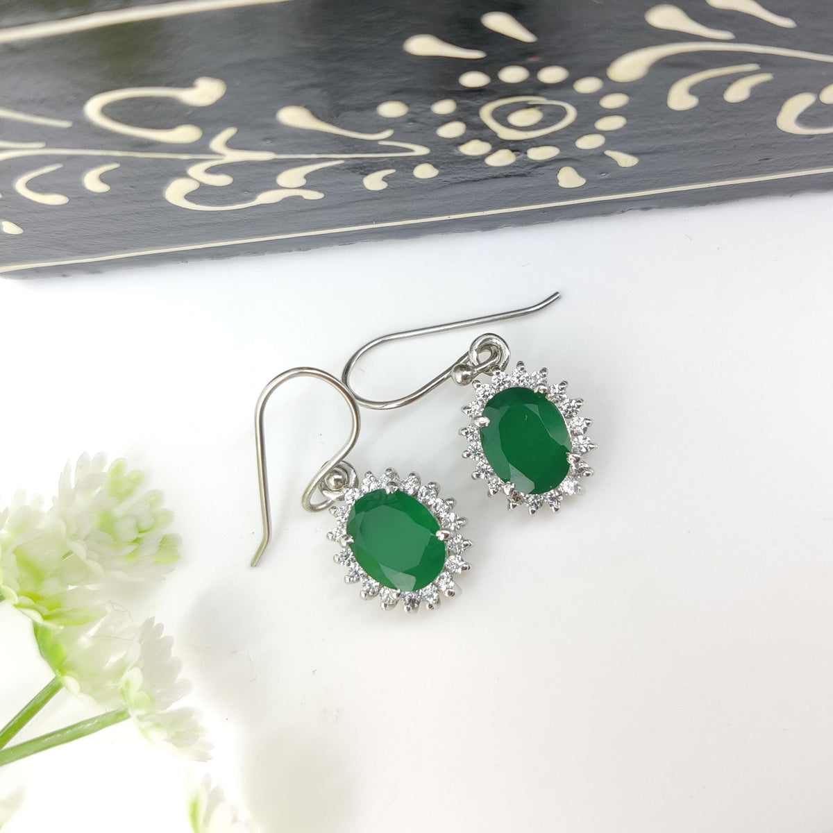 Green Onyx Sterling Silver Earrings: May Birthstone Dangle Drop Jewelry