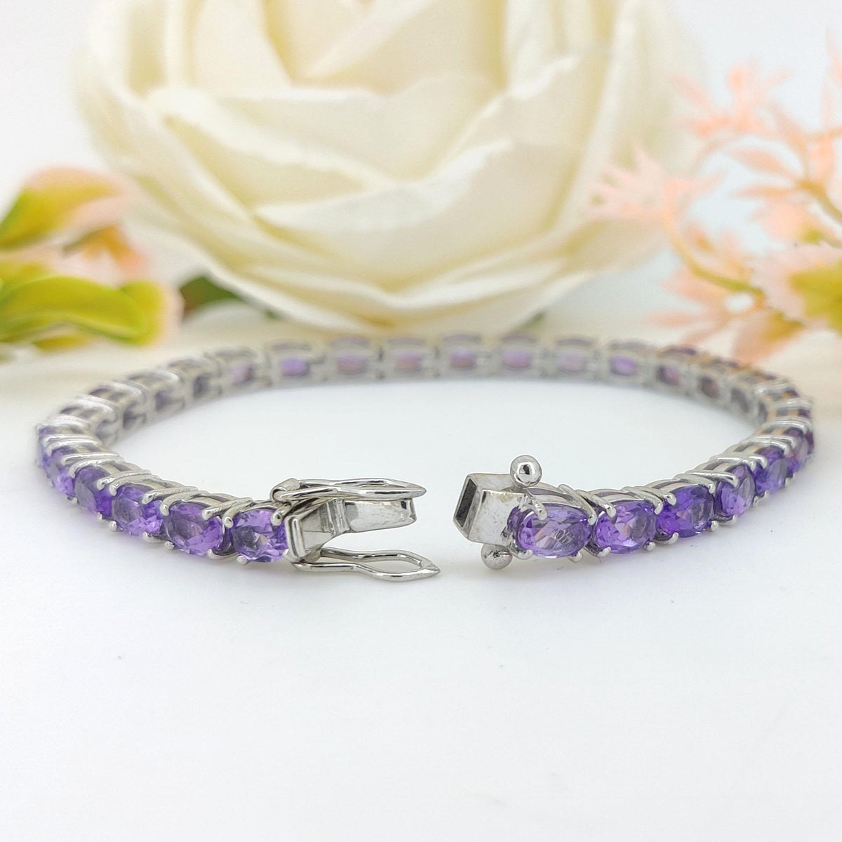 Natural Amethyst Tennis Bracelet-925 Sterling Silver-Oval Gemstone Bracelet-February Birthstone Jewelry-Purple Amethyst Jewelry-Gift for her