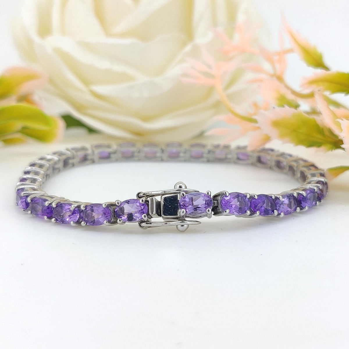 Natural Amethyst Tennis Bracelet-925 Sterling Silver-Oval Gemstone Bracelet-February Birthstone Jewelry-Purple Amethyst Jewelry-Gift for her