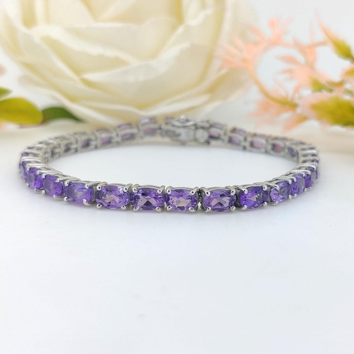 Natural Amethyst Tennis Bracelet-925 Sterling Silver-Oval Gemstone Bracelet-February Birthstone Jewelry-Purple Amethyst Jewelry-Gift for her
