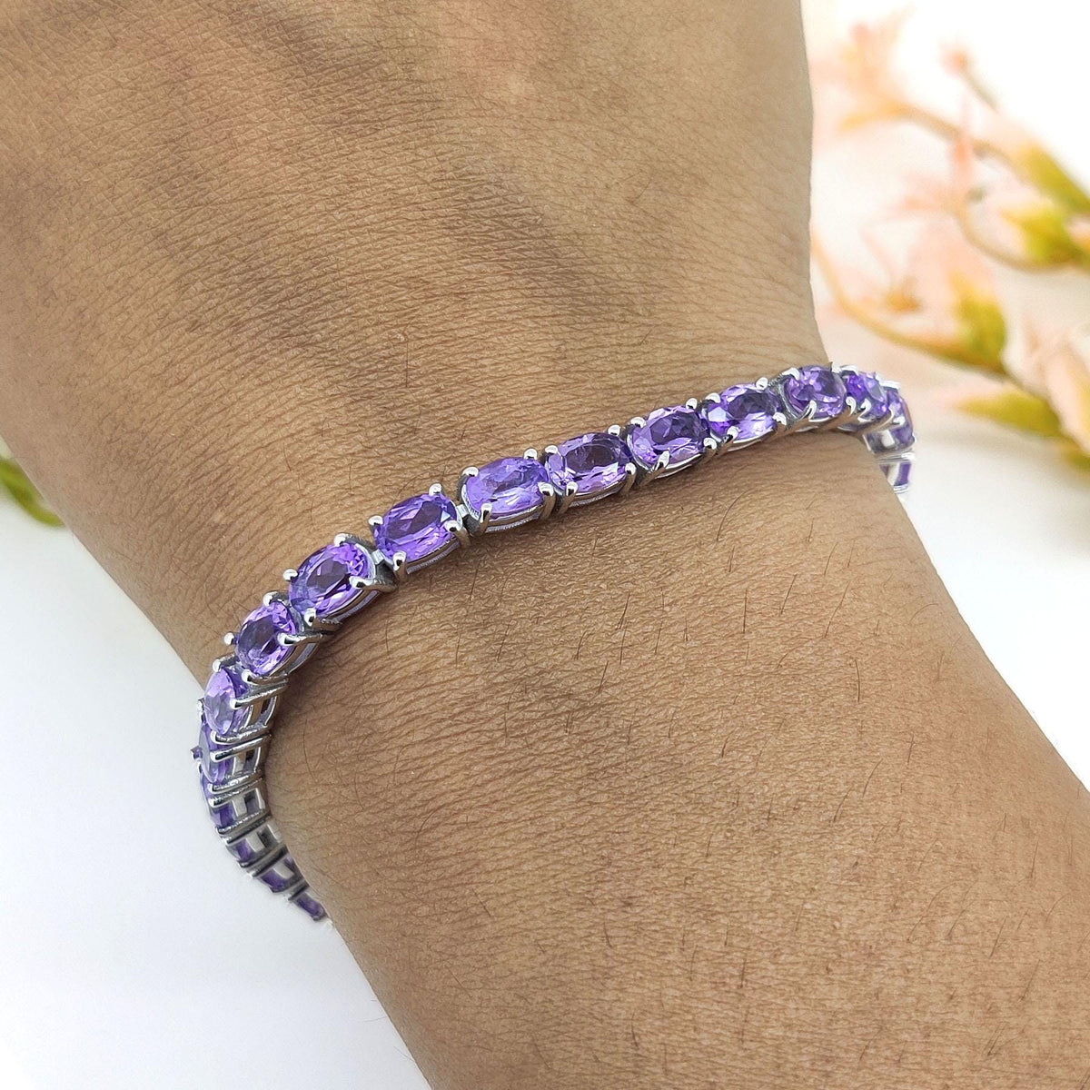 Natural Amethyst Tennis Bracelet-925 Sterling Silver-Oval Gemstone Bracelet-February Birthstone Jewelry-Purple Amethyst Jewelry-Gift for her
