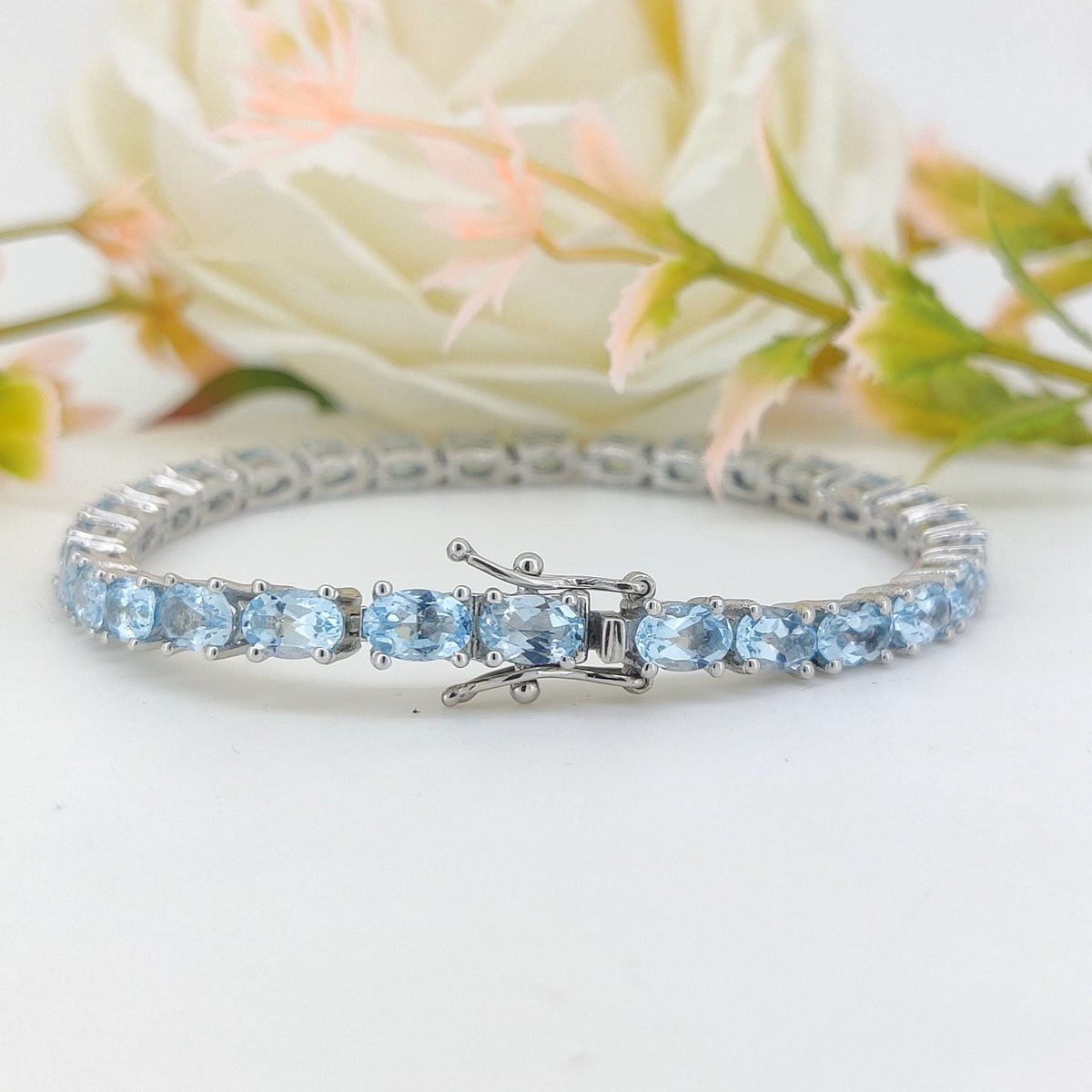 Natural Blue Topaz Tennis Bracelet-925 Sterling Silver-Oval Gemstone Bracelet-Blue Topaz Jewelry-December Birthstone Jewelry-Wedding Gift