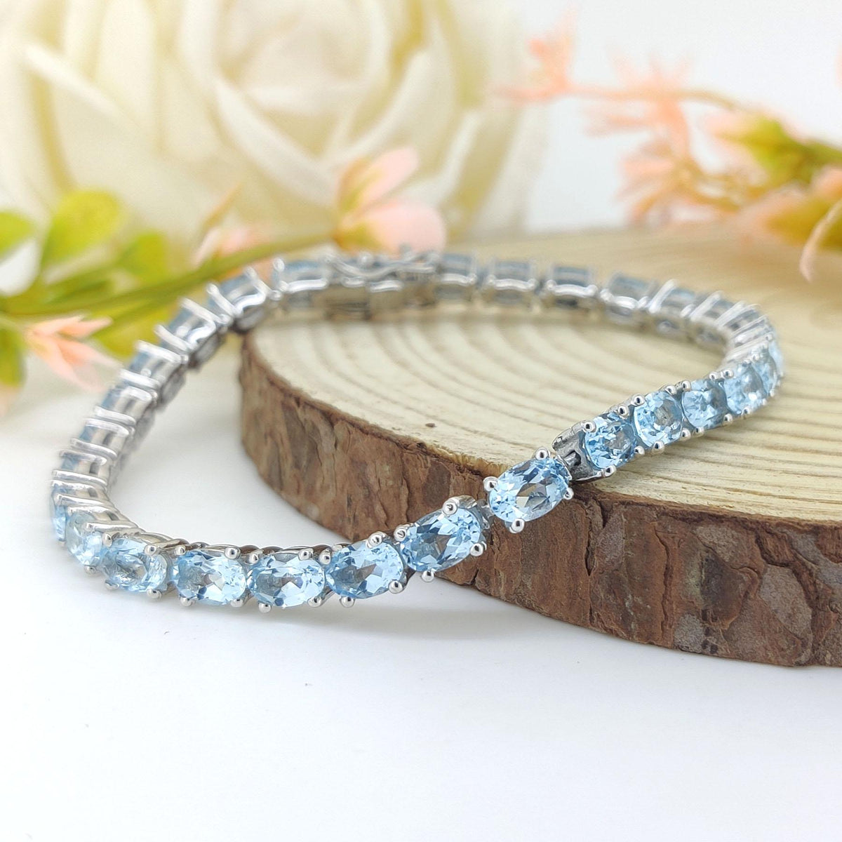 Natural Blue Topaz Tennis Bracelet-925 Sterling Silver-Oval Gemstone Bracelet-Blue Topaz Jewelry-December Birthstone Jewelry-Wedding Gift
