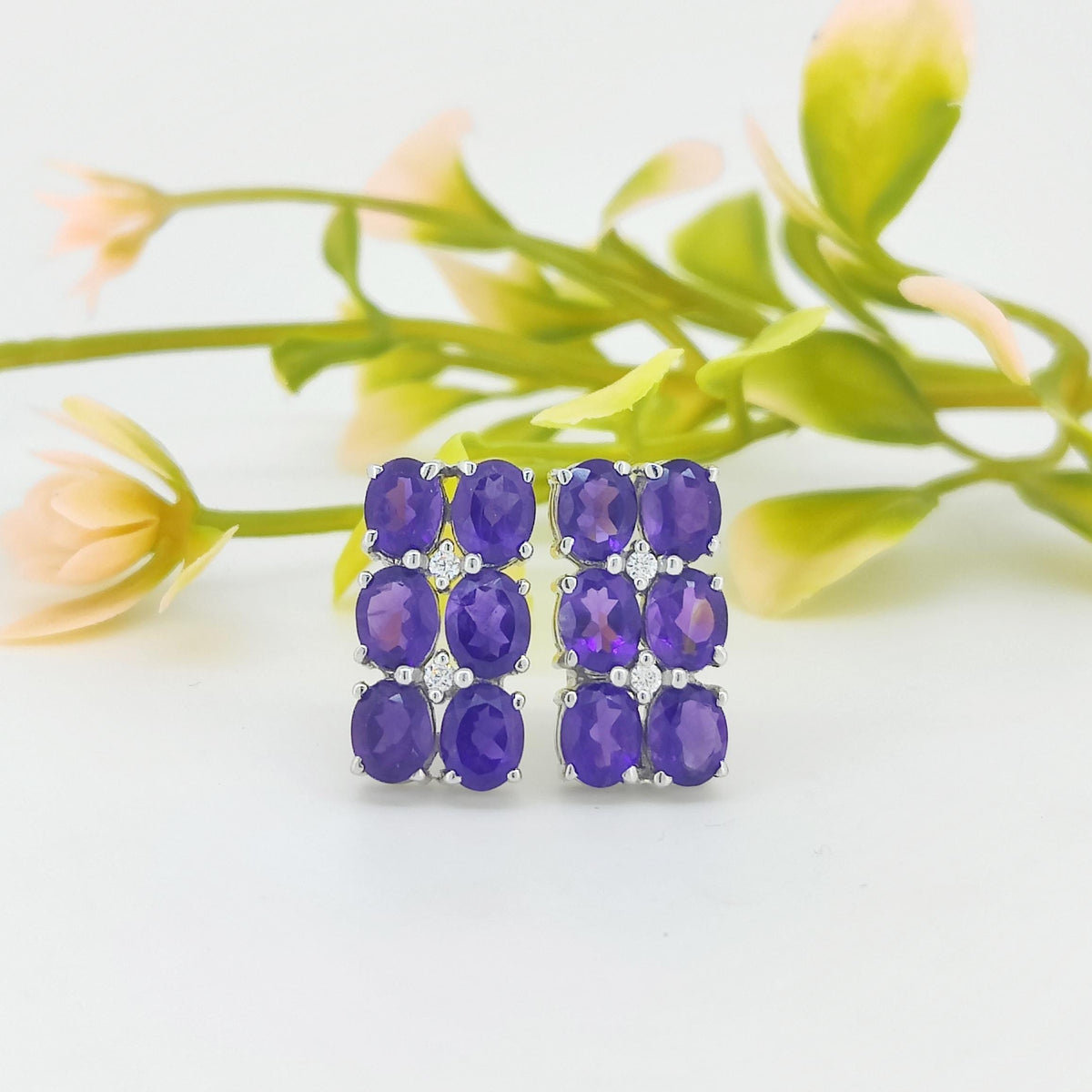 Natural African Amethyst Stud Earring-Oval Gemstone-925 Sterling Silver Jewelry-Cubic Zircon-February Birthstone Jewelry-Amethyst Earring