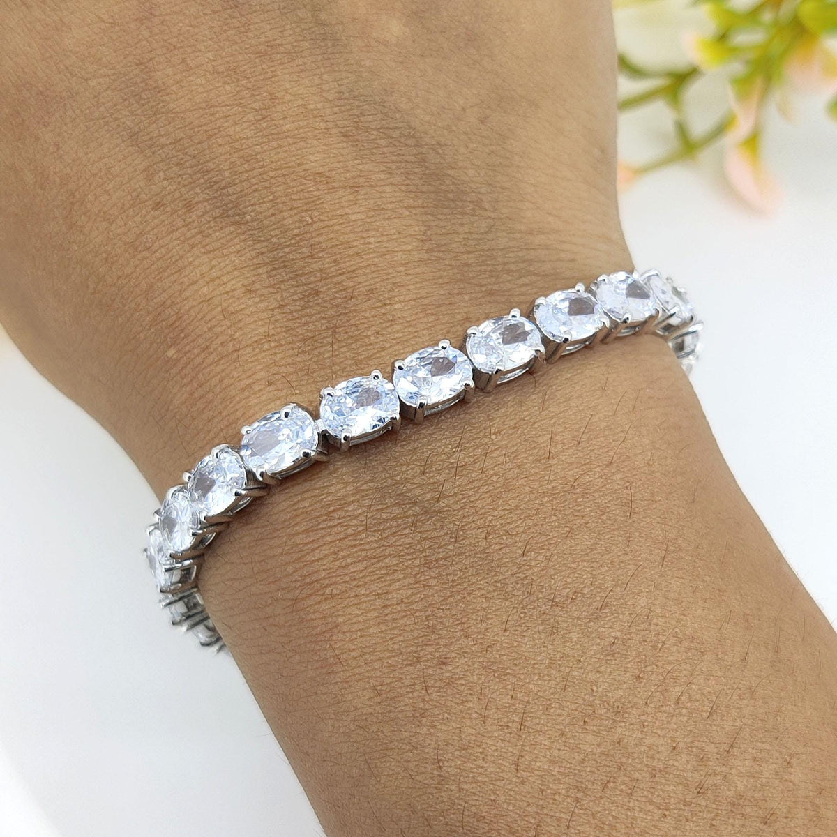 Oval Handmade Cubic Zircon Tennis Bracelet, 925 Sterling Silver Anniversary Gift
