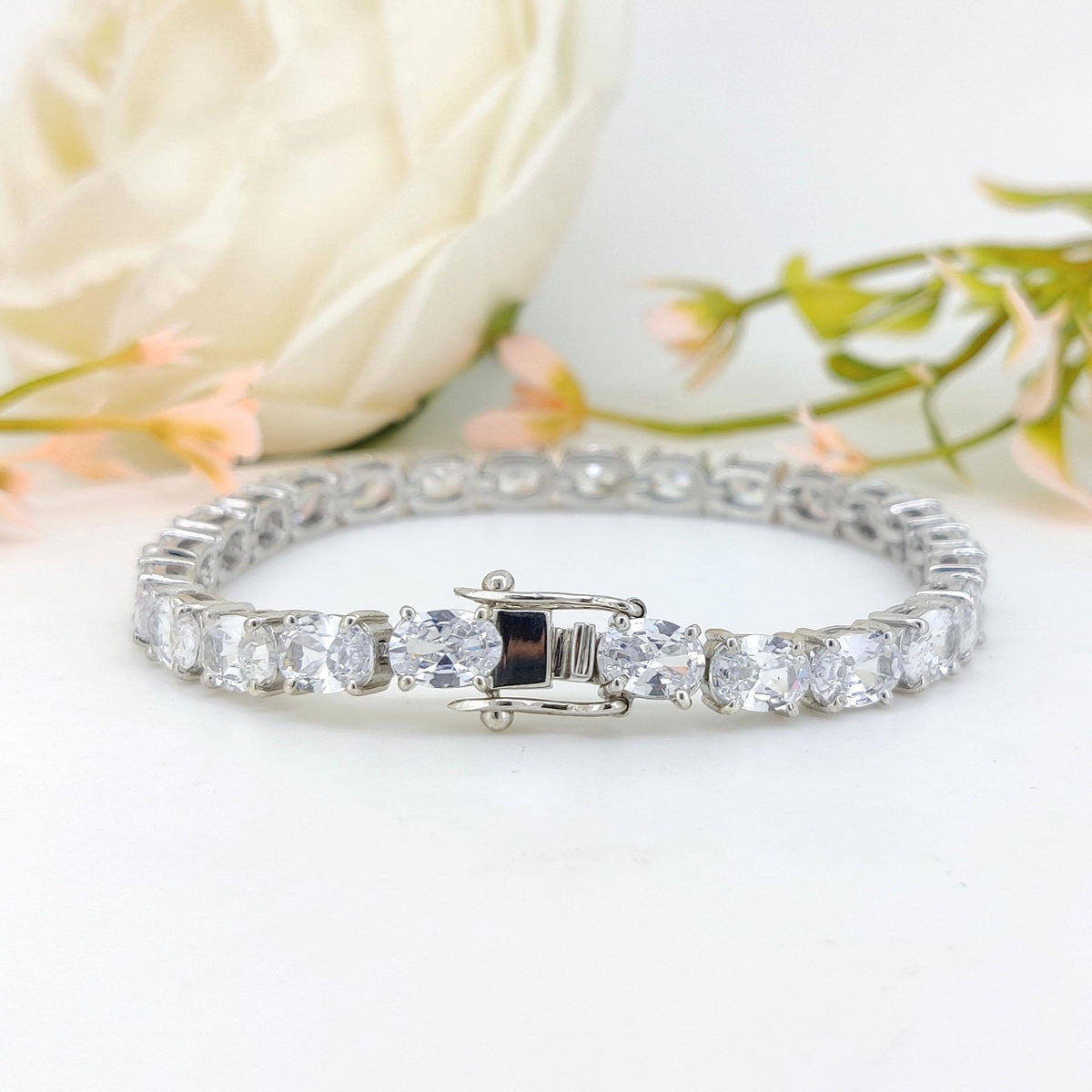 Oval Handmade Cubic Zircon Tennis Bracelet, 925 Sterling Silver Anniversary Gift