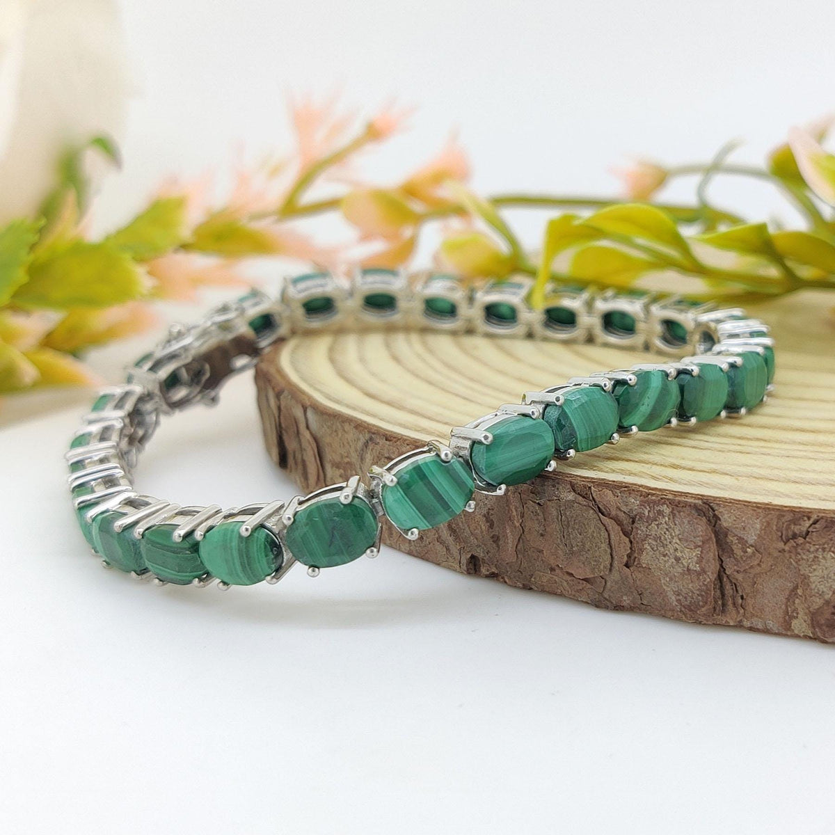 Malachite Tennis Bracelet: Oval Gemstone, Sterling Silver Jewelry