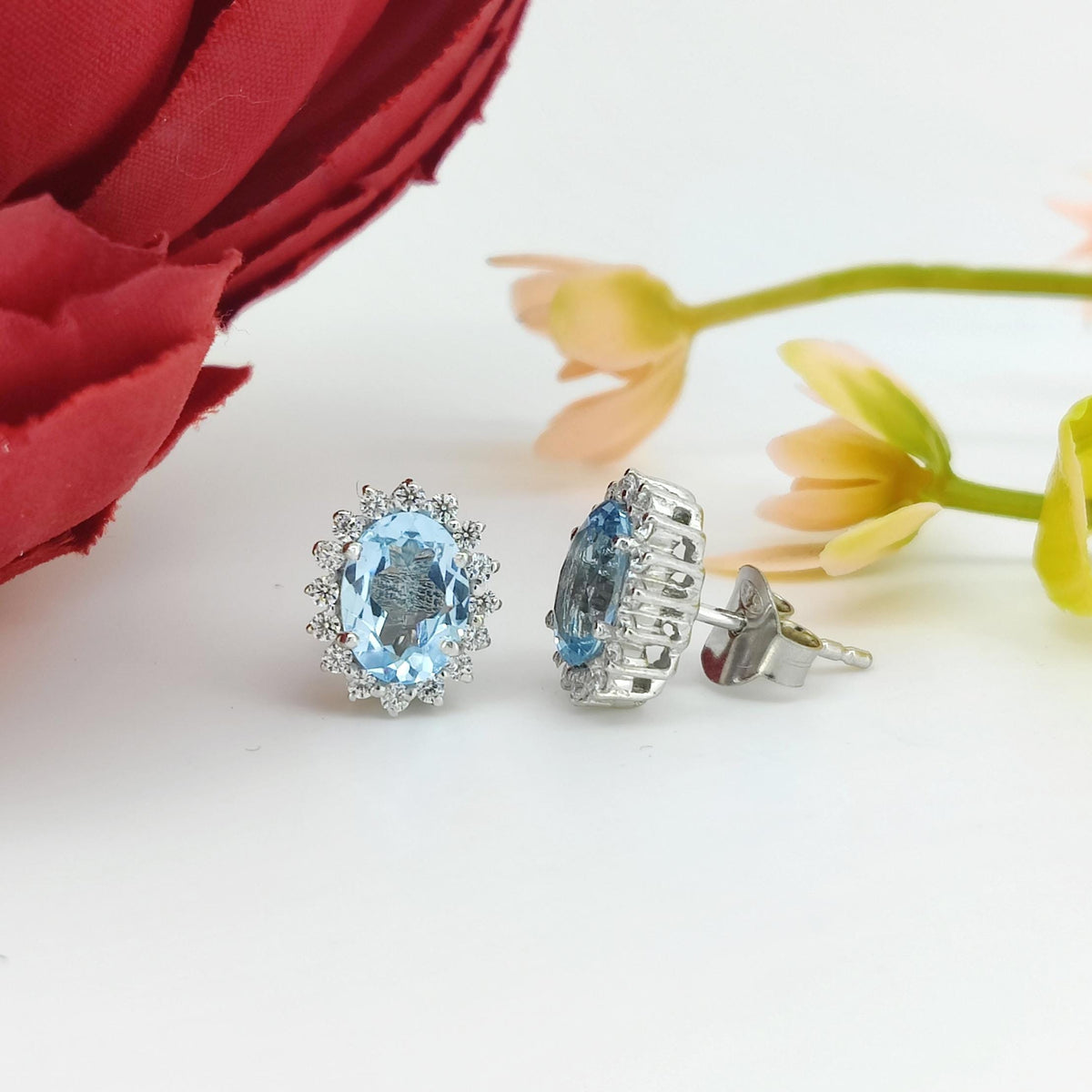 Genuine "Blue Topaz" Stud Earring-Gemstone Cluster Earring-Blue Topaz Jewelry-Cubic Zircon-925 Sterling Silver-December Birthstone Jewelry
