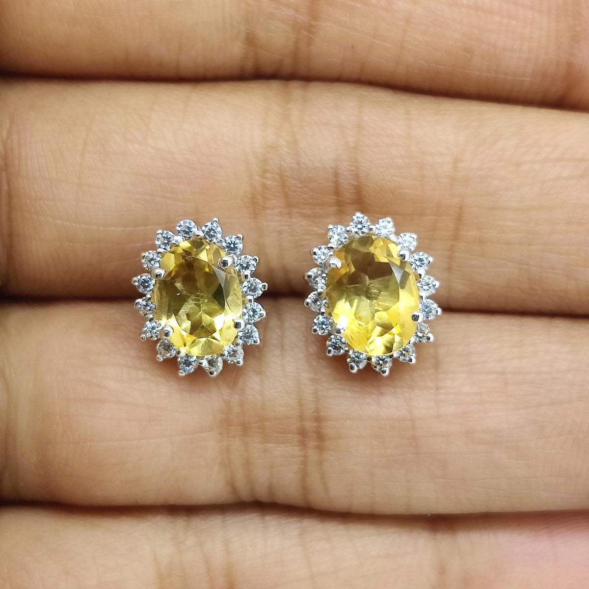 Natural Citrine Stud-925 Sterling Silver-Oval Gemstone-Cubic Zircon Cluster Earring-November Birthstone Jewelry-Yellow Citrine Jewelry Gift