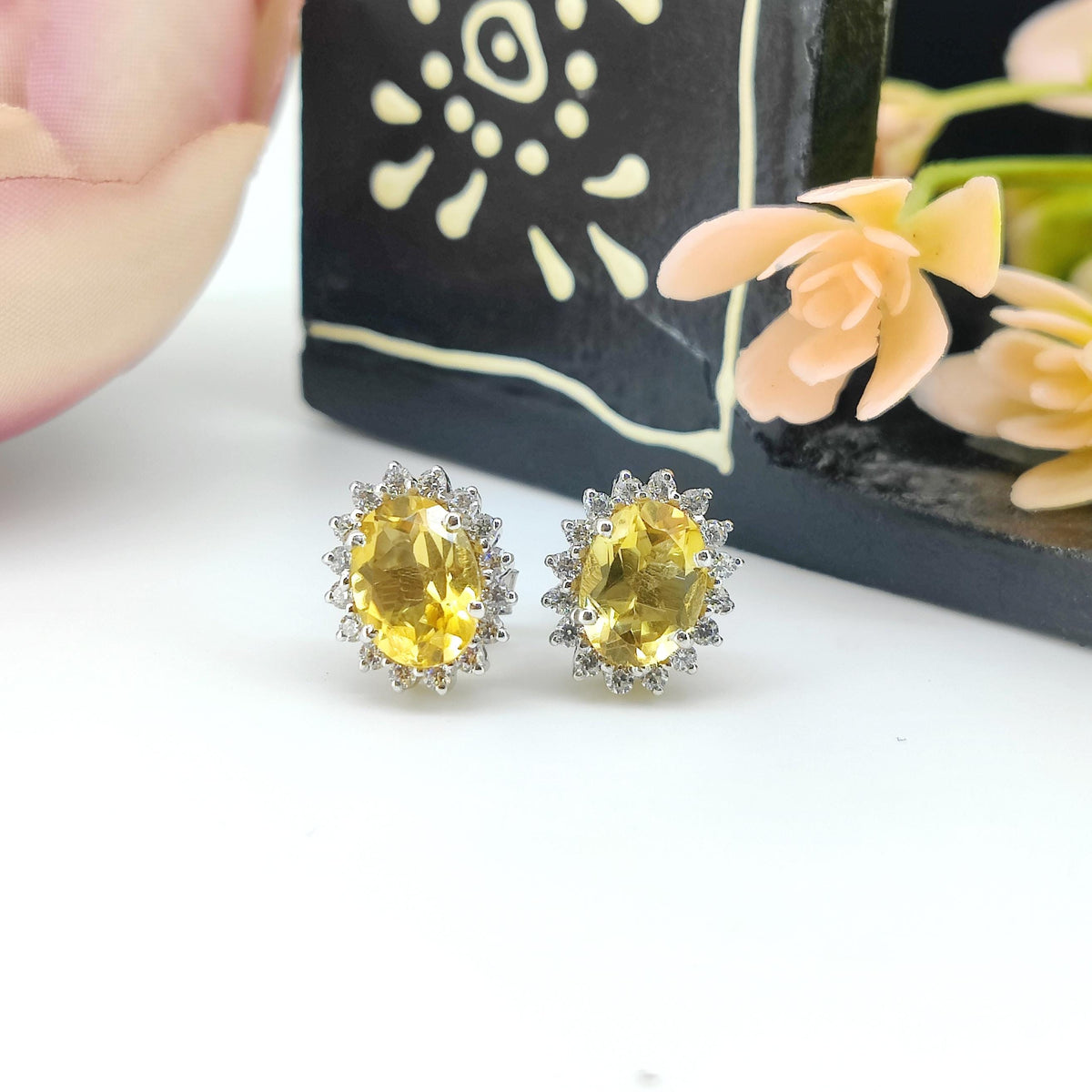 Natural Citrine Stud-925 Sterling Silver-Oval Gemstone-Cubic Zircon Cluster Earring-November Birthstone Jewelry-Yellow Citrine Jewelry Gift