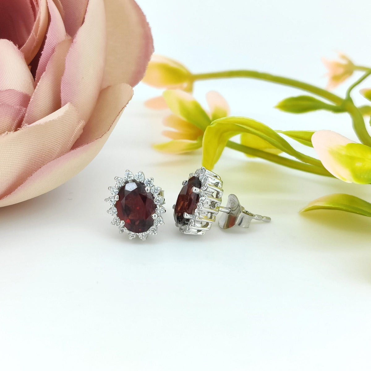 Oval Garnet Stud Earrings: Red Gemstone, Sterling Silver, January Birthstone