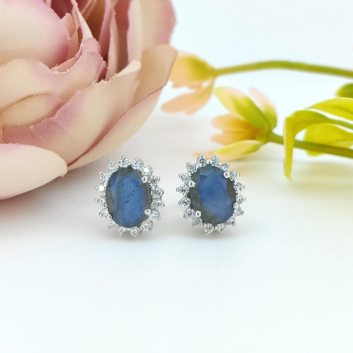 Natural Labradorite Stud Earring-925 Sterling Silver-Oval Labradorite-Blue Fire Gemstone Jewelry-February Birthstone Earrings-Gift for wife