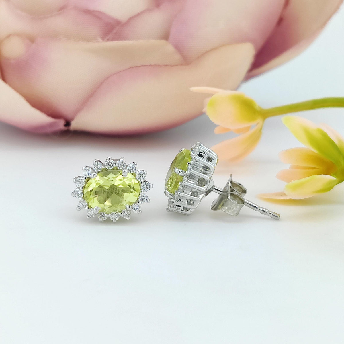 Natural Lemon Topaz Stud Earring-Gemstone Cluster Earring-925 Sterling Silver-Oval Lemon Jewelry-Cubic Zircon-November Birthstone Jewelry