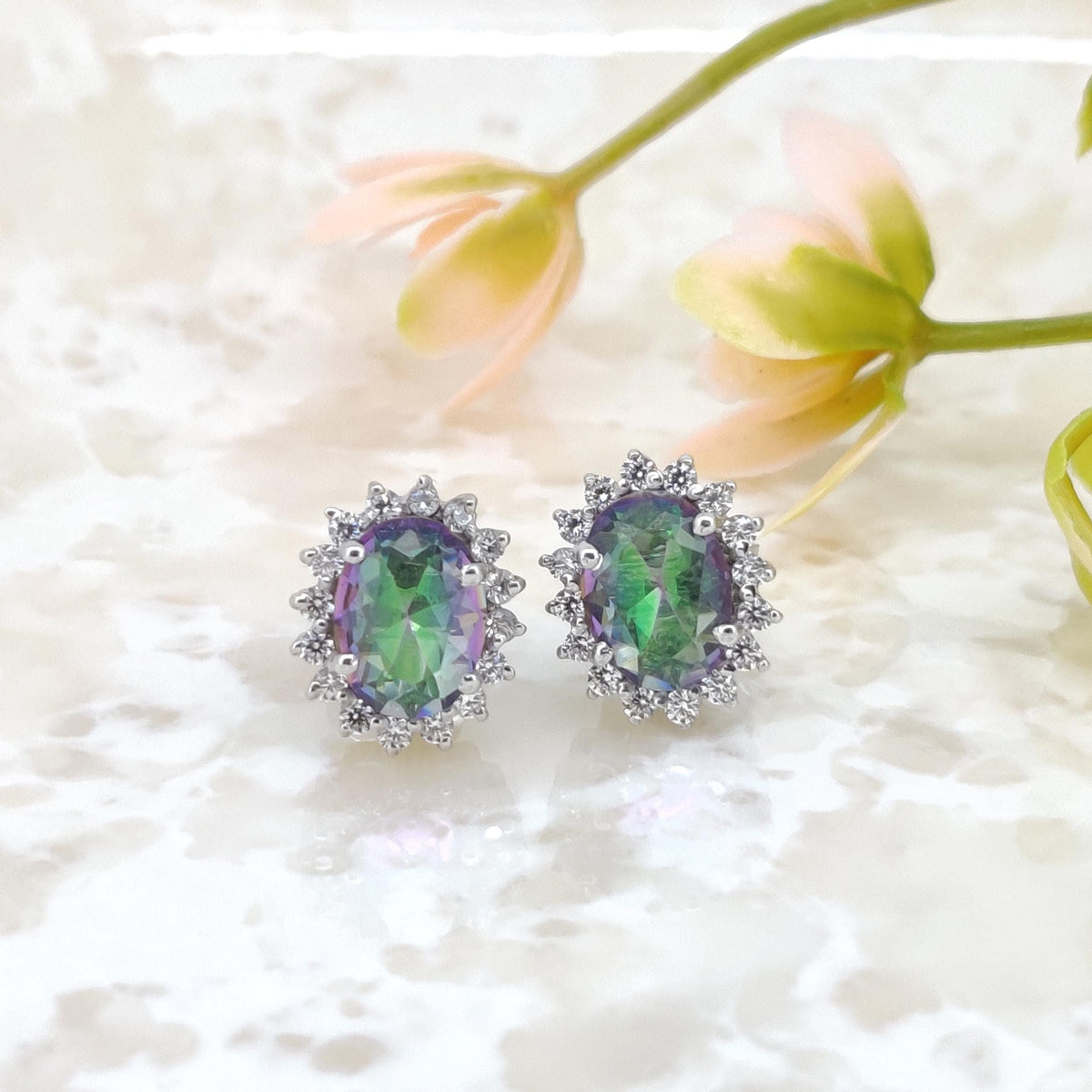 Natural Mystic Topaz Stud Earring-Oval Gemstone-925 Sterling Silver-Mystic Topaz Jewelry-November Birthstone Earrings-Anniversary Gift
