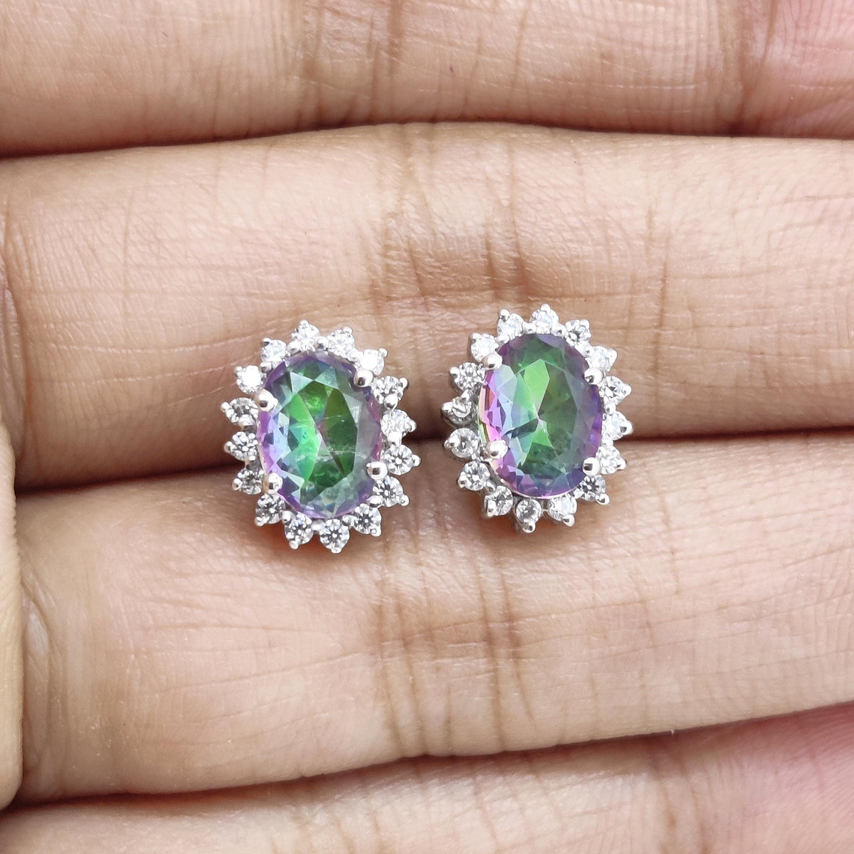 Natural Mystic Topaz Stud Earring-Oval Gemstone-925 Sterling Silver-Mystic Topaz Jewelry-November Birthstone Earrings-Anniversary Gift
