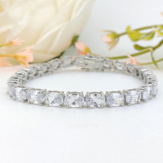 Oval Handmade Cubic Zircon Tennis Bracelet, 925 Sterling Silver Anniversary Gift