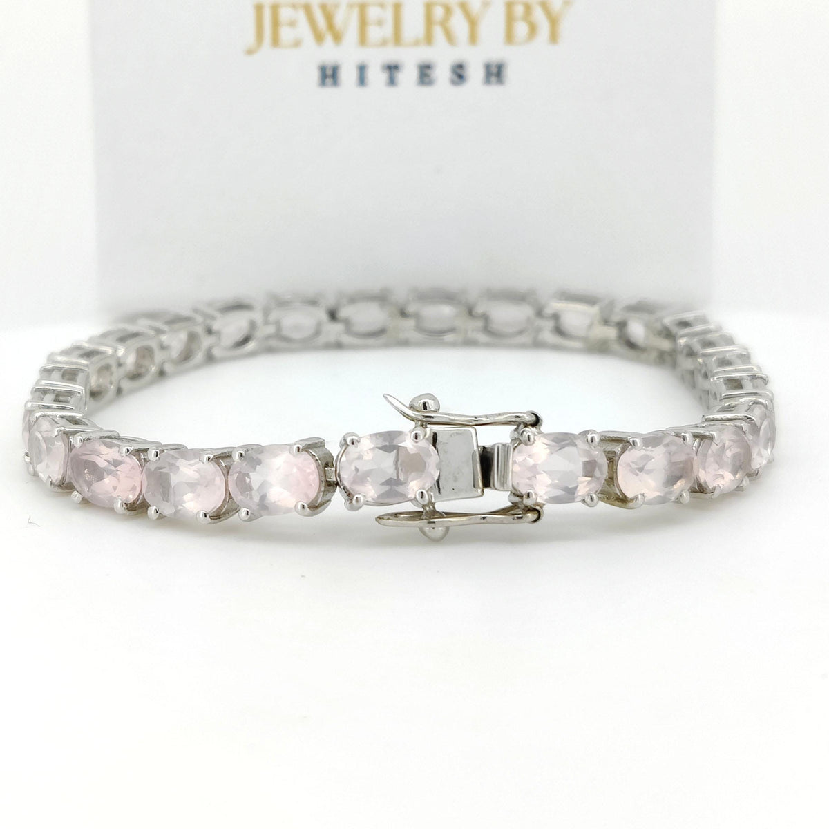 Rose Quartz Bracelet: Oval Gemstone, 925 Sterling Silver Tennis Bracelet