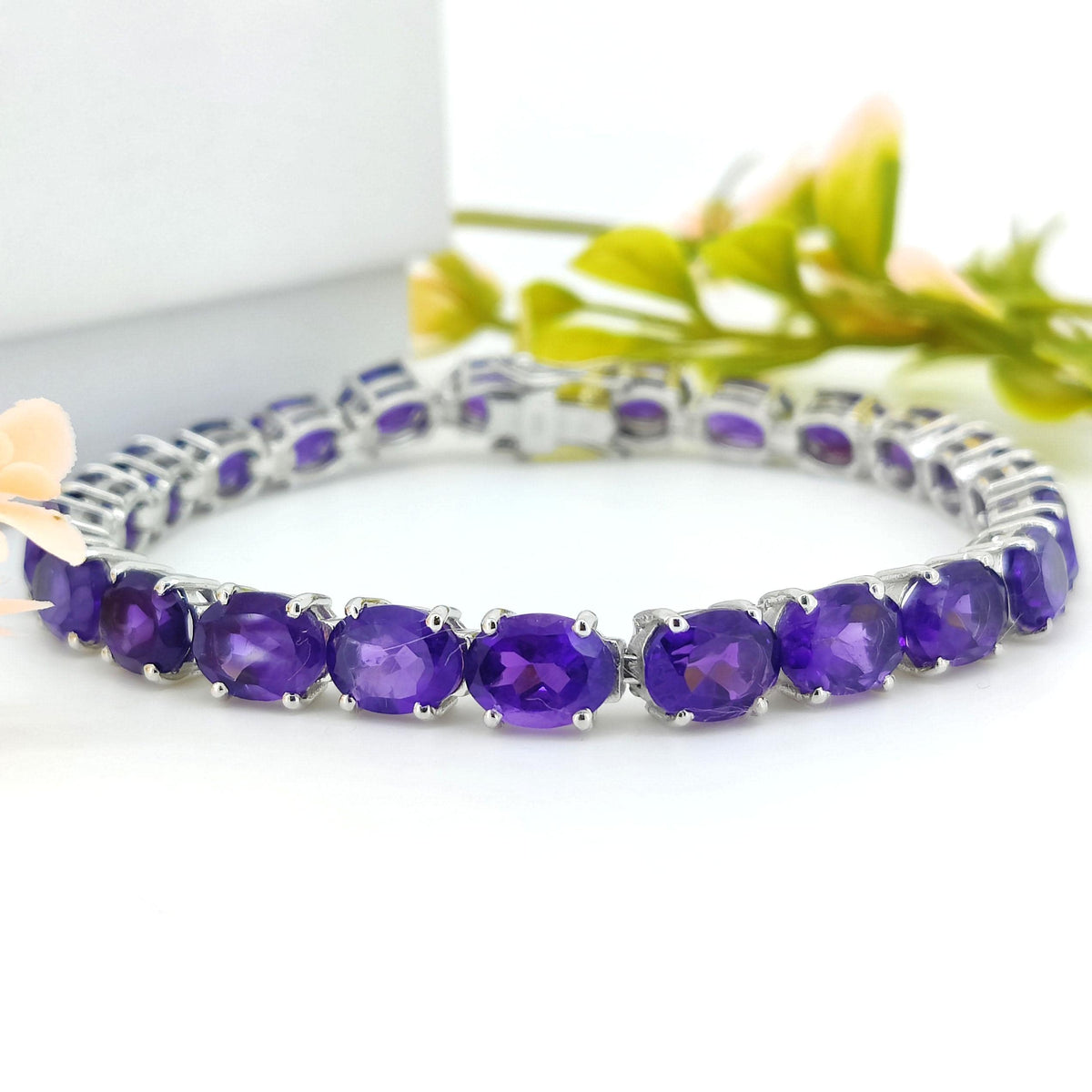 African Amethyst Tennis Bracelet-Oval Gemstone Bracelet-February Birthstone Jewelry-925 Sterling Silver Bracelet-African Amethyst Jewelry