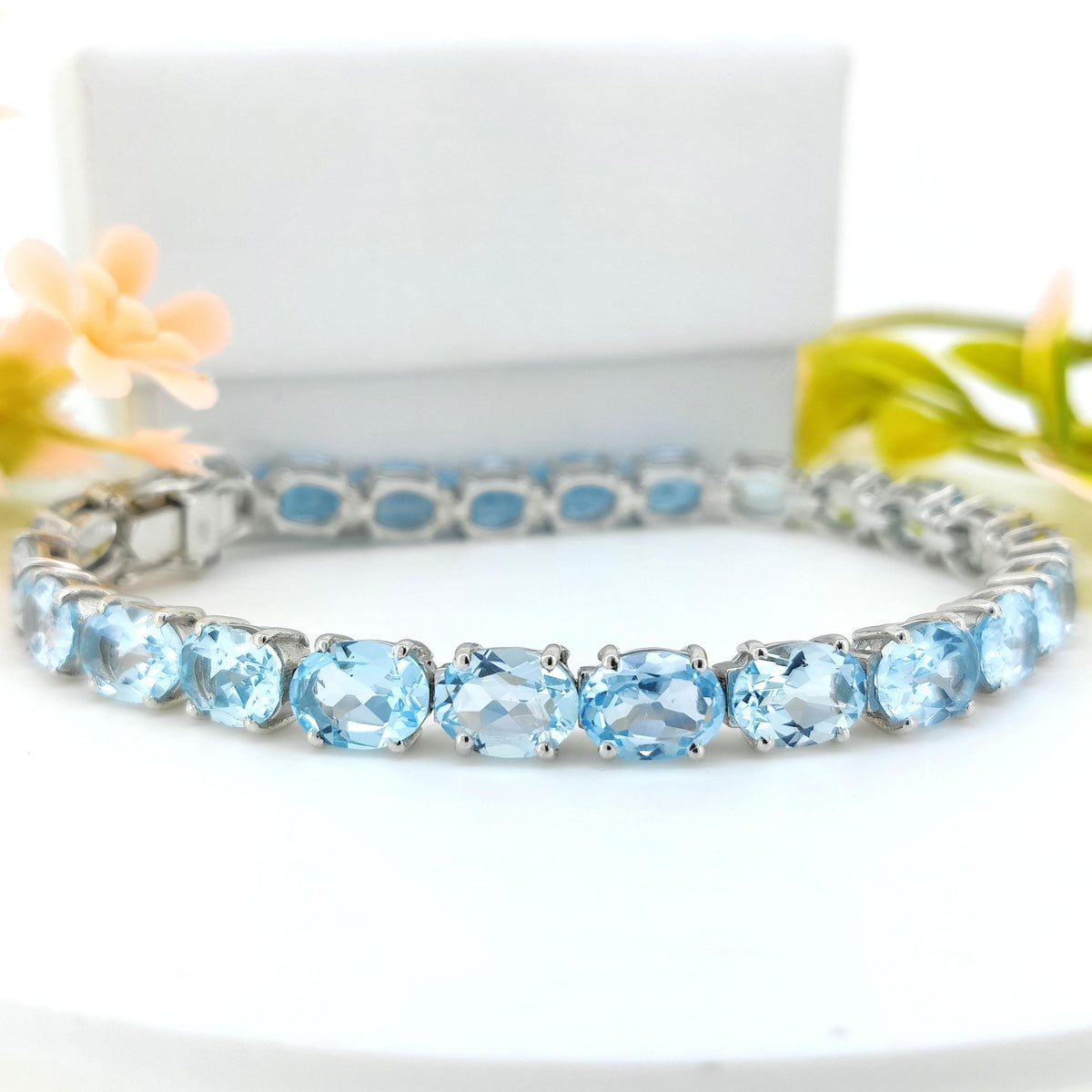 Natural Blue Topaz Bracelet-925 Sterling Silver-Oval Gemstone Tennis Bracelet-Blue Topaz Jewelry-December Birthstone Jewelry-Birthday Gift