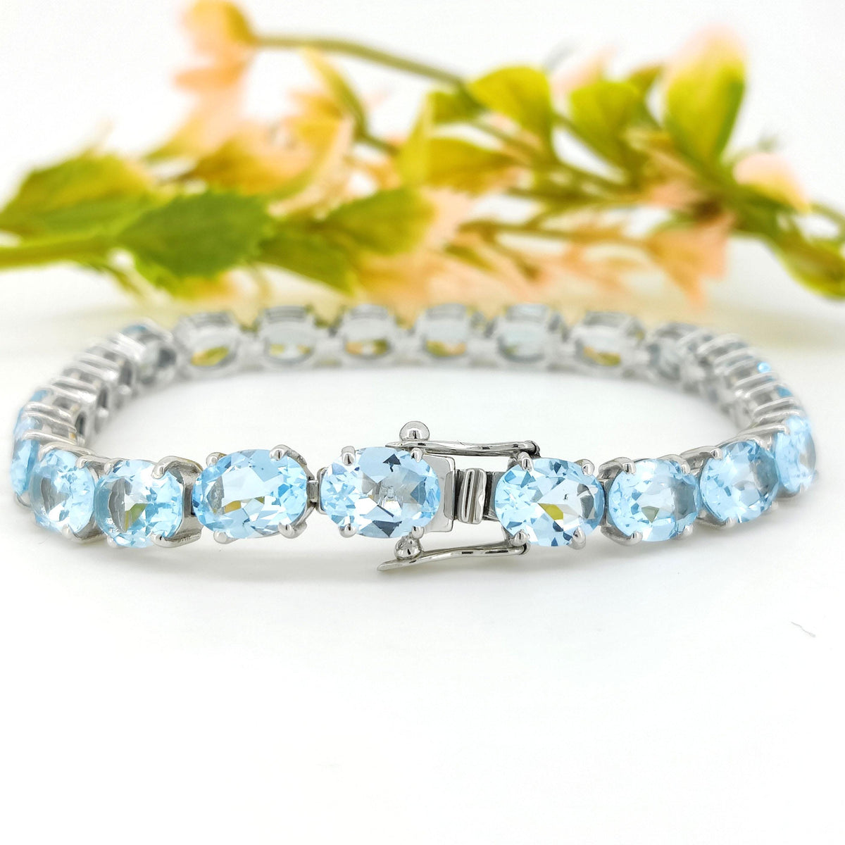 Natural Blue Topaz Bracelet-925 Sterling Silver-Oval Gemstone Tennis Bracelet-Blue Topaz Jewelry-December Birthstone Jewelry-Birthday Gift