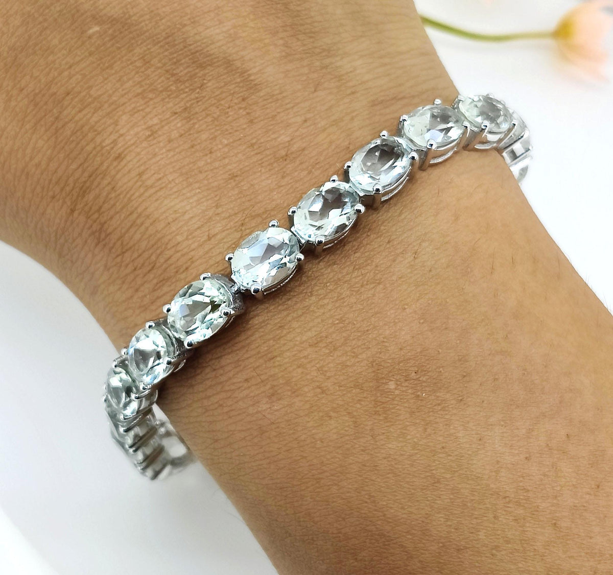 Green Amethyst Tennis Bracelet, Sterling Silver Oval Gemstone Jewelry
