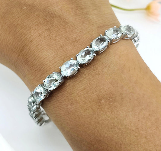 Green Amethyst Tennis Bracelet, Sterling Silver Oval Gemstone Jewelry