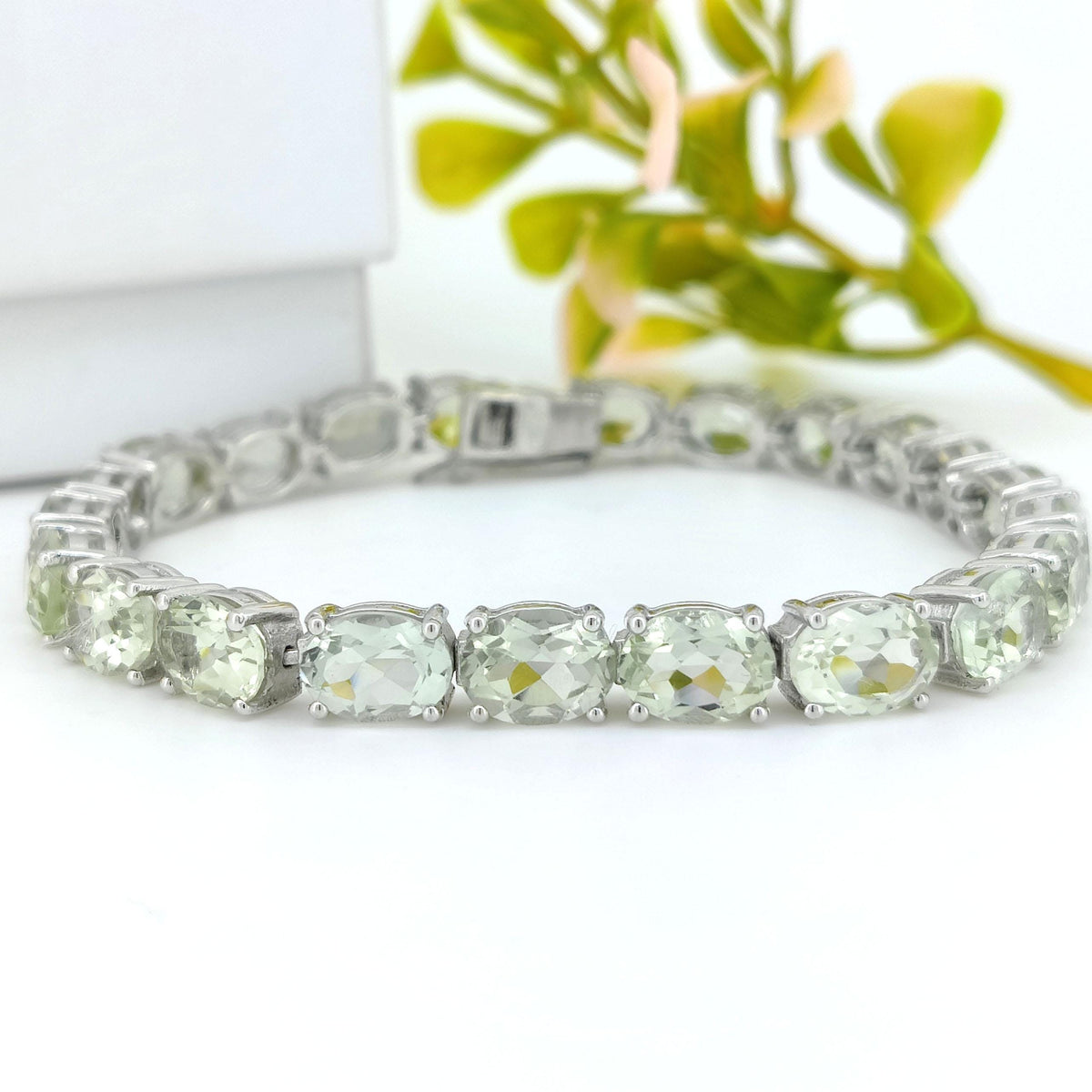Green Amethyst Tennis Bracelet, Sterling Silver Oval Gemstone Jewelry