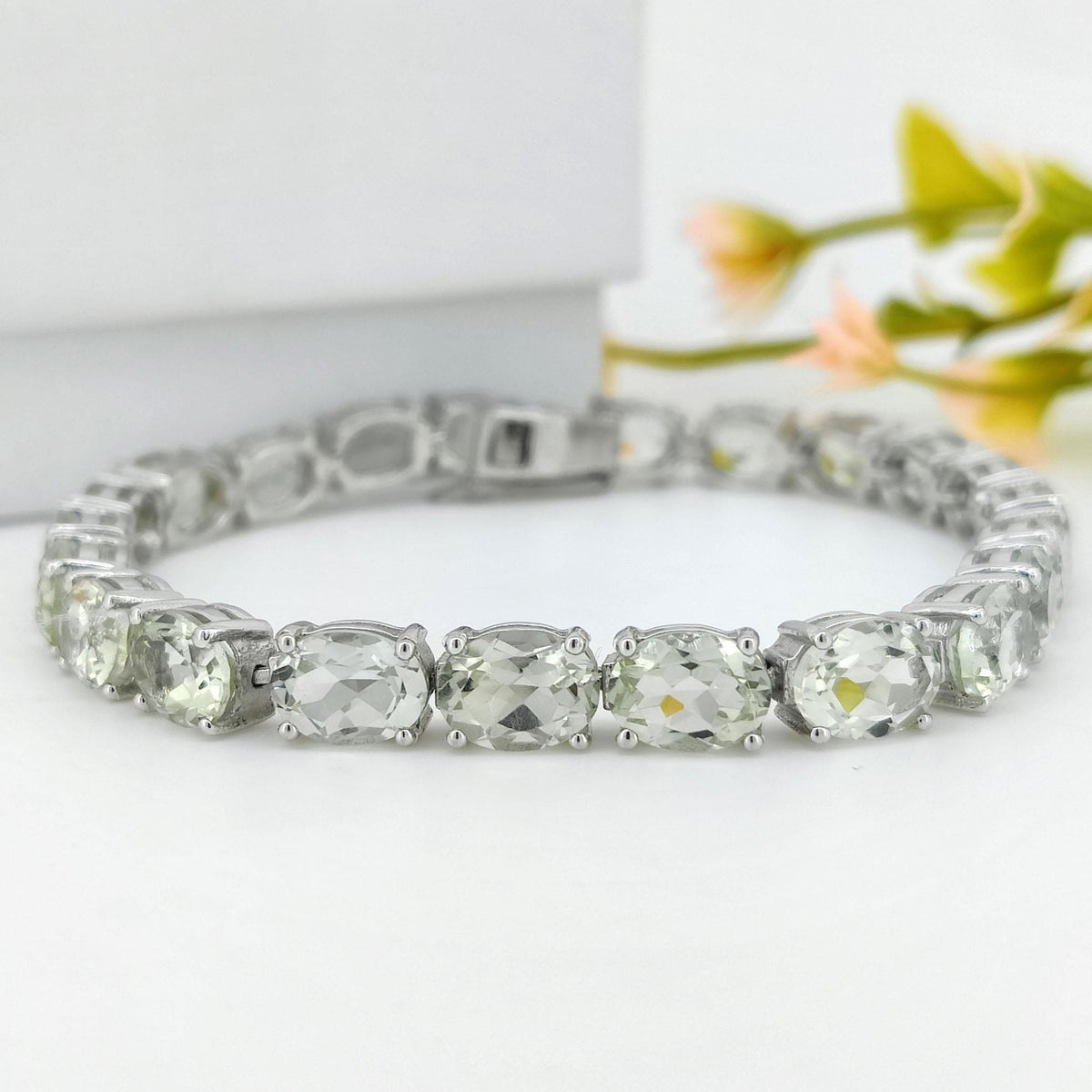 Green Amethyst Tennis Bracelet, Sterling Silver Oval Gemstone Jewelry