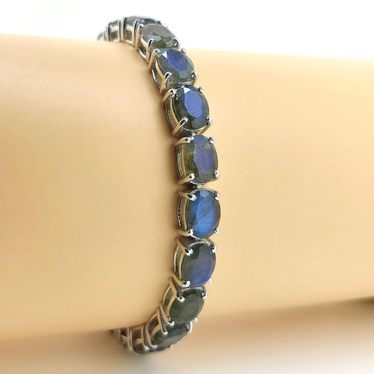 Blue Labradorite Tennis Bracelet: Oval Gemstone, Sterling Silver