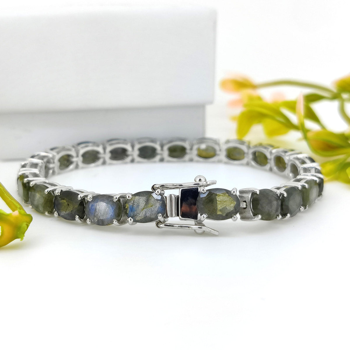 Blue Labradorite Tennis Bracelet: Oval Gemstone, Sterling Silver