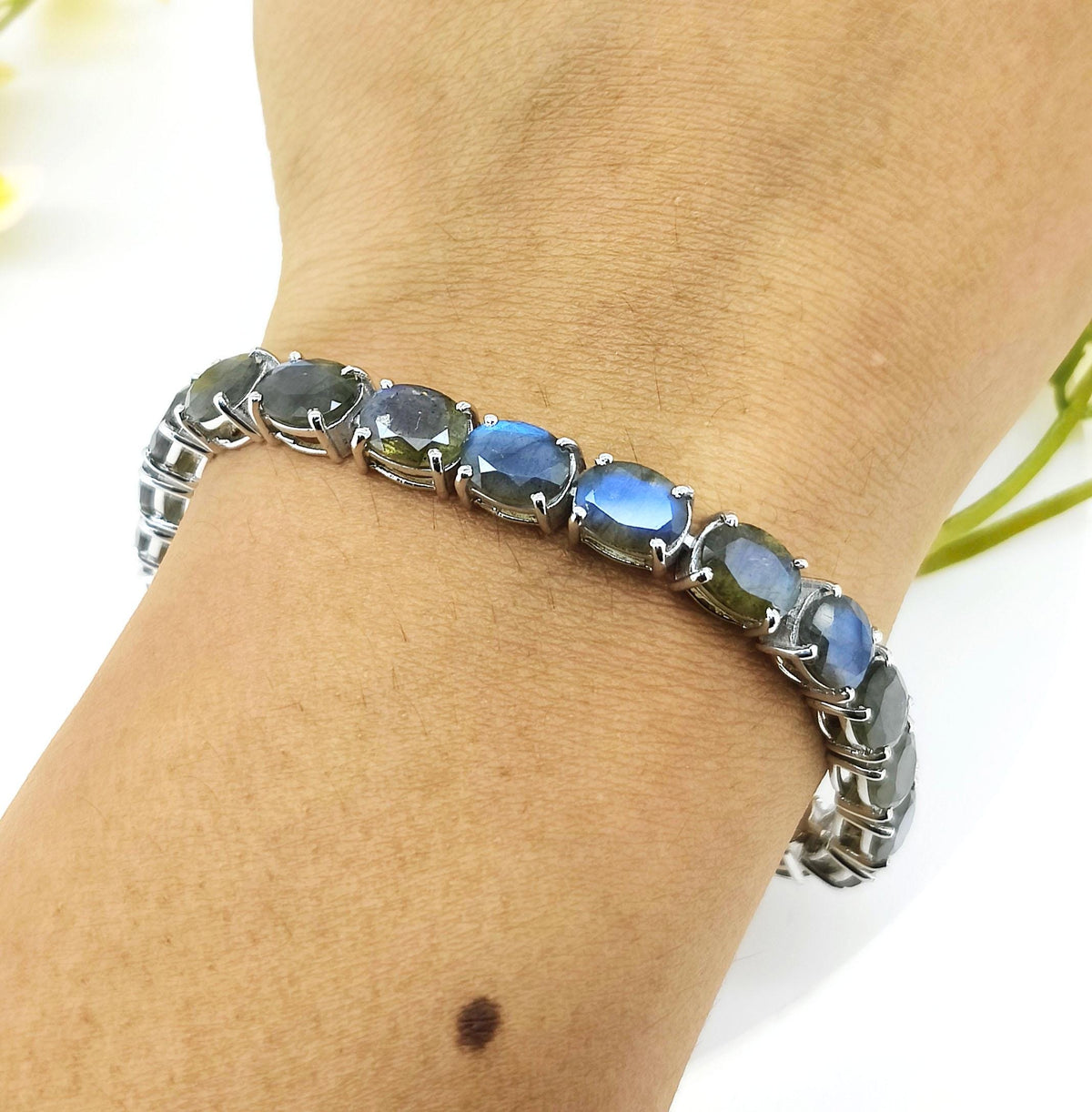 Blue Labradorite Tennis Bracelet: Oval Gemstone, Sterling Silver
