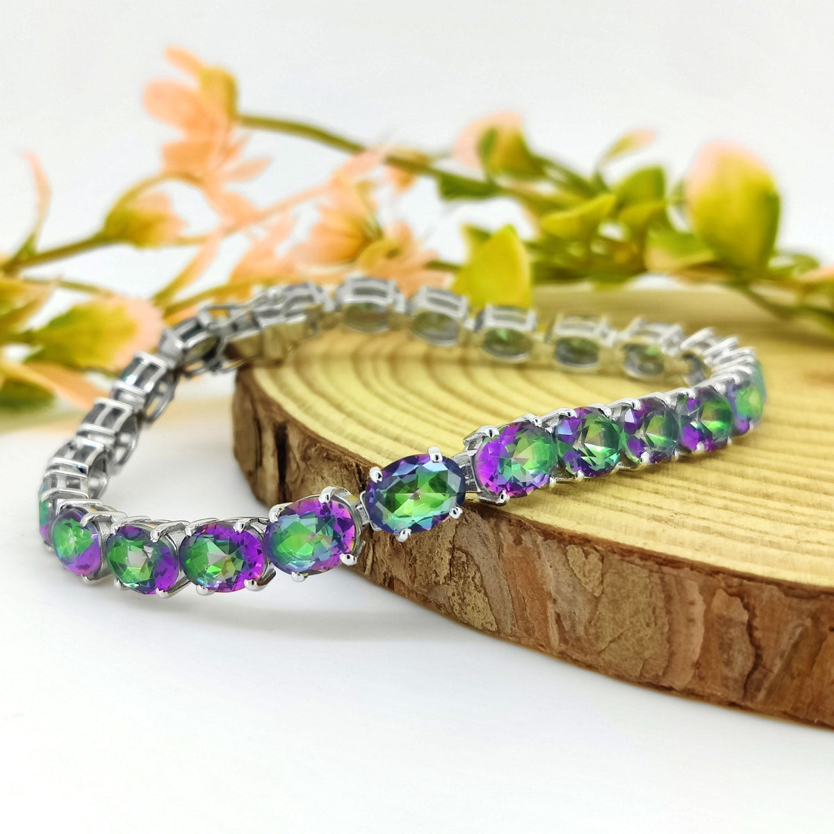 Mystic Topaz Tennis Bracelet, Sterling Silver, Oval Gemstone, November Birthstone
