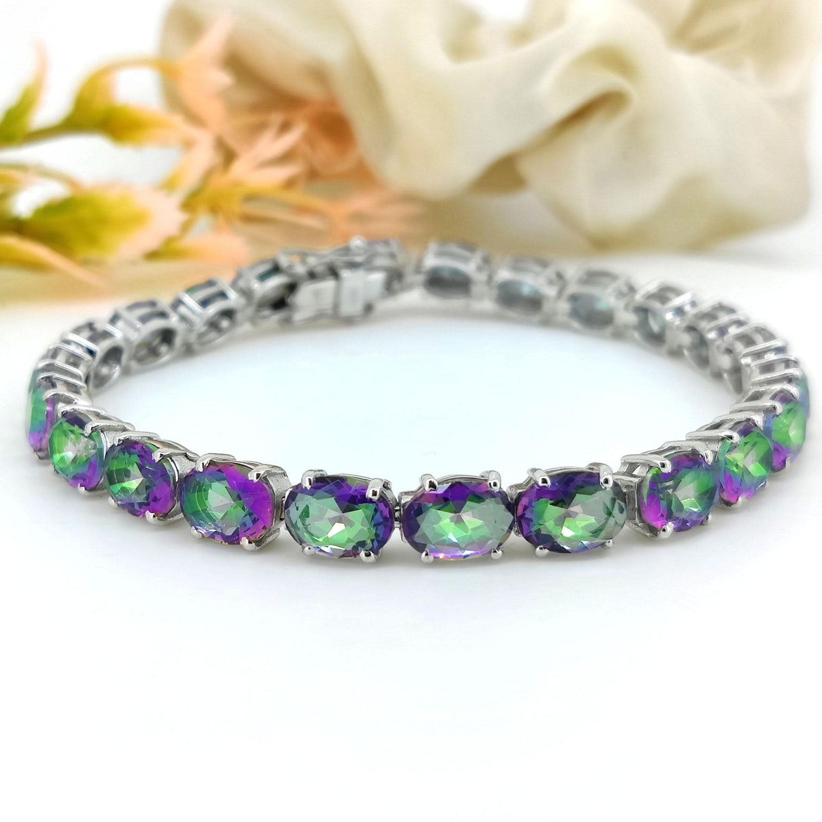 Mystic Topaz Tennis Bracelet, Sterling Silver, Oval Gemstone, November Birthstone