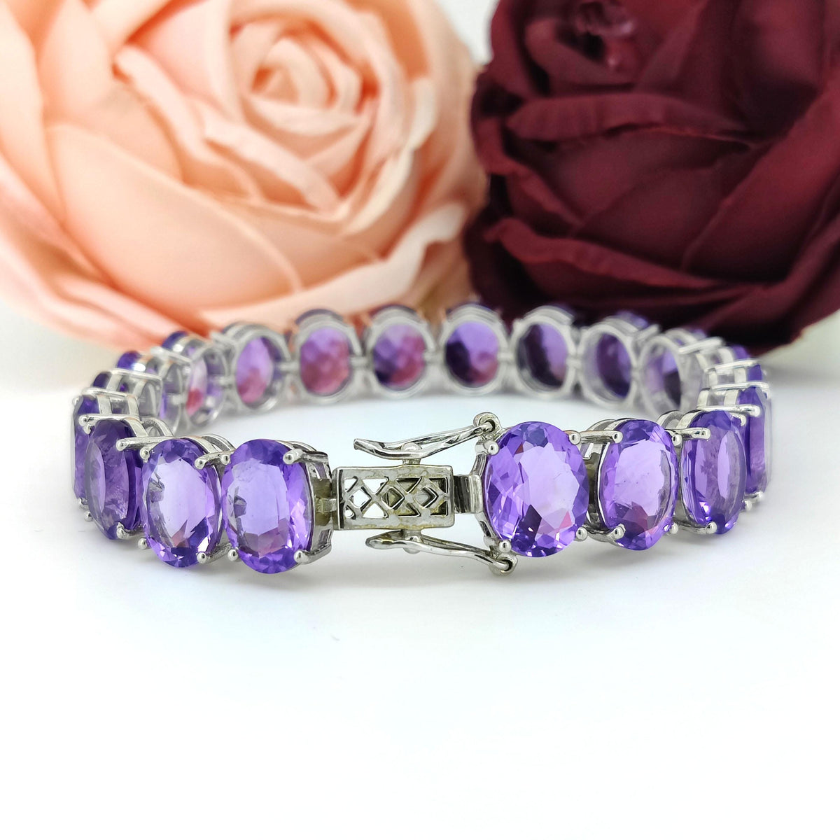 Amethyst Tennis Bracelet-925 Sterling Silver Jewelry-11x9mm Oval Bracelet-February Birthstone Jewelry-Purple Amethyst Jewelry-Gift for her