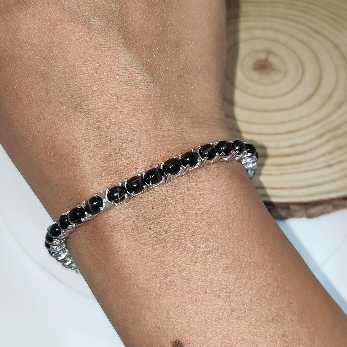 Black Star Tennis Bracelet: Oval Gemstone, 925 Sterling Silver