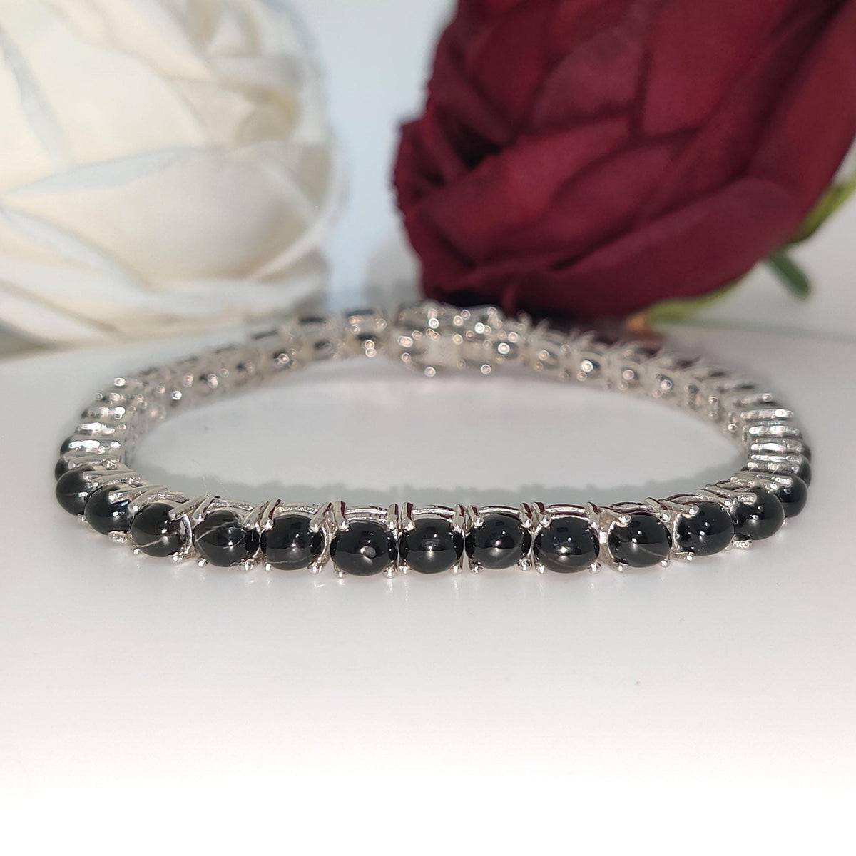 Black Star Tennis Bracelet: Oval Gemstone, 925 Sterling Silver