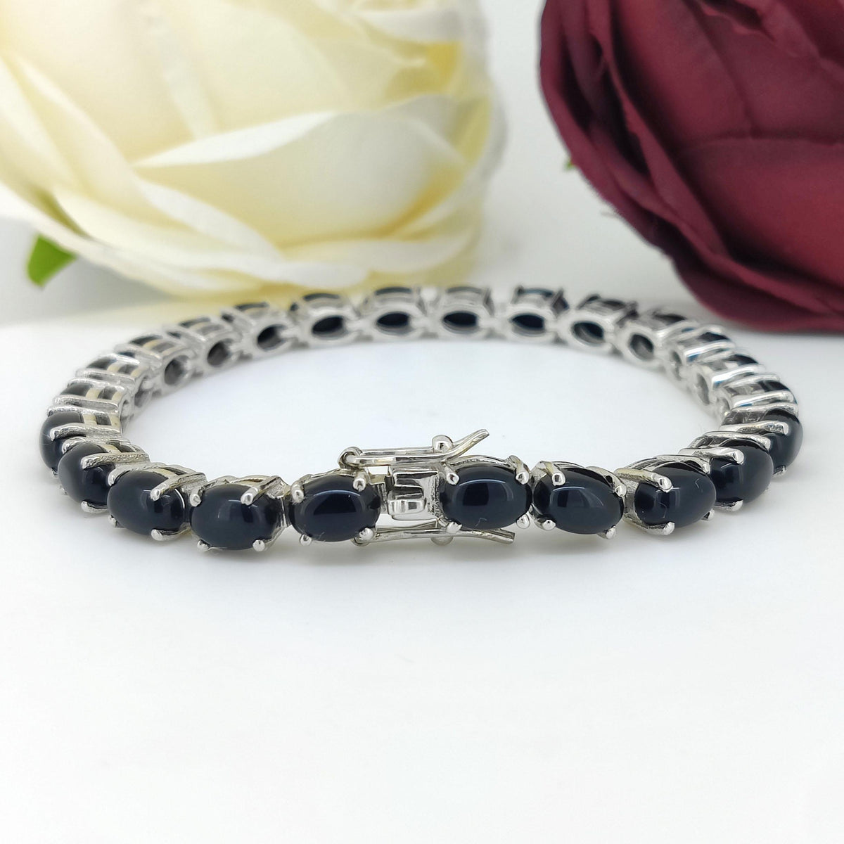 Black Onyx Tennis Bracelet: Oval Gemstone, Sterling Silver Jewelry