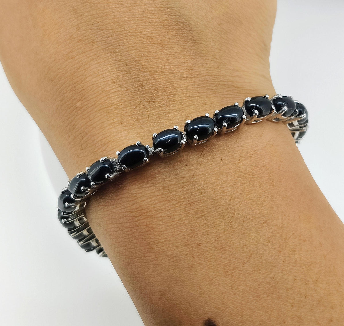 Black Onyx Tennis Bracelet: Oval Gemstone, Sterling Silver Jewelry