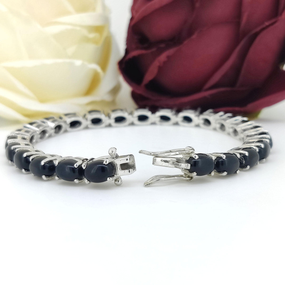 Black Onyx Tennis Bracelet: Oval Gemstone, Sterling Silver Jewelry