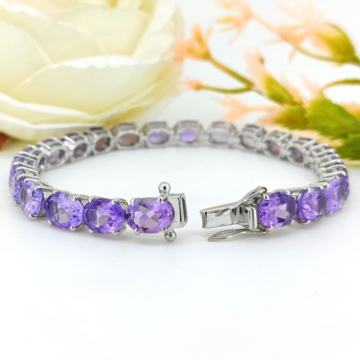 Natural Amethyst Tennis Bracelet-8x6mm Oval Bracelet-925 Sterling Silver-February Birthstone Jewelry-Purple Amethyst Jewelry-Gift for Her