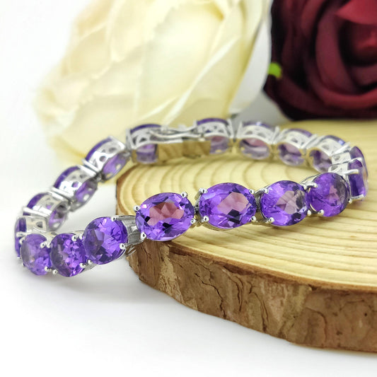 Genuine Amethyst Tennis Bracelet-10x8mm Oval Cut Gemstone Bracelet-925 Sterling Silver Jewelry-February Birthstone-Purple Amethyst Jewelry
