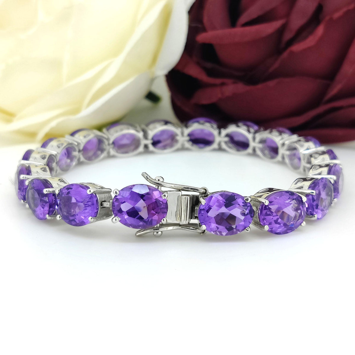 Genuine Amethyst Tennis Bracelet-10x8mm Oval Cut Gemstone Bracelet-925 Sterling Silver Jewelry-February Birthstone-Purple Amethyst Jewelry