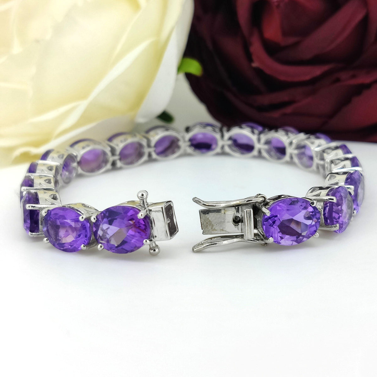Genuine Amethyst Tennis Bracelet-10x8mm Oval Cut Gemstone Bracelet-925 Sterling Silver Jewelry-February Birthstone-Purple Amethyst Jewelry