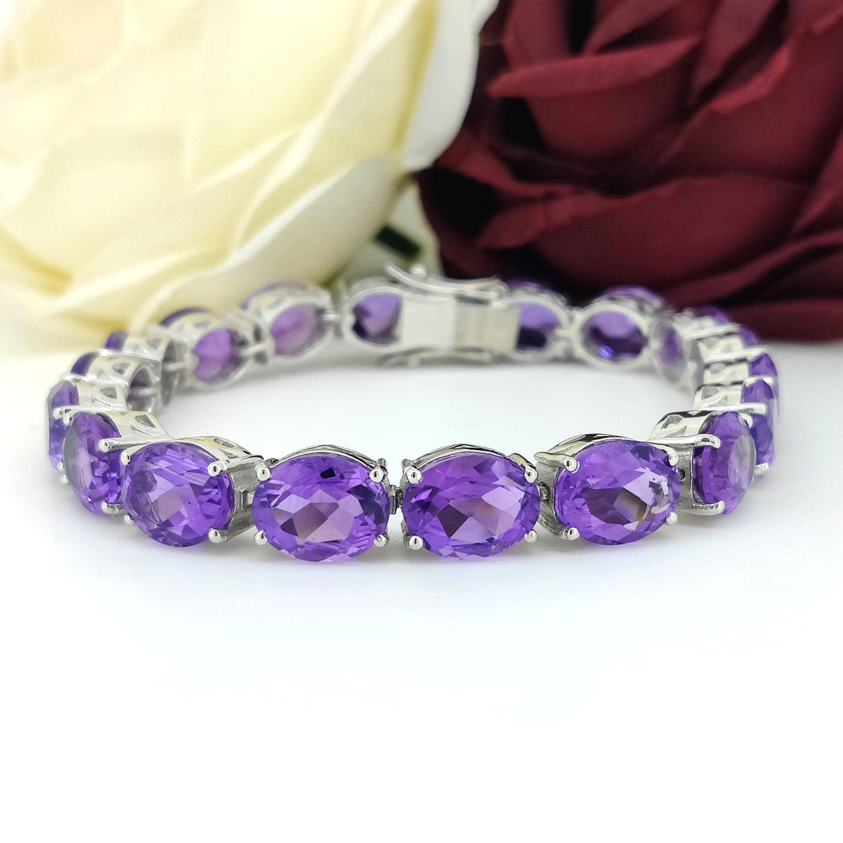 Genuine Amethyst Tennis Bracelet-10x8mm Oval Cut Gemstone Bracelet-925 Sterling Silver Jewelry-February Birthstone-Purple Amethyst Jewelry