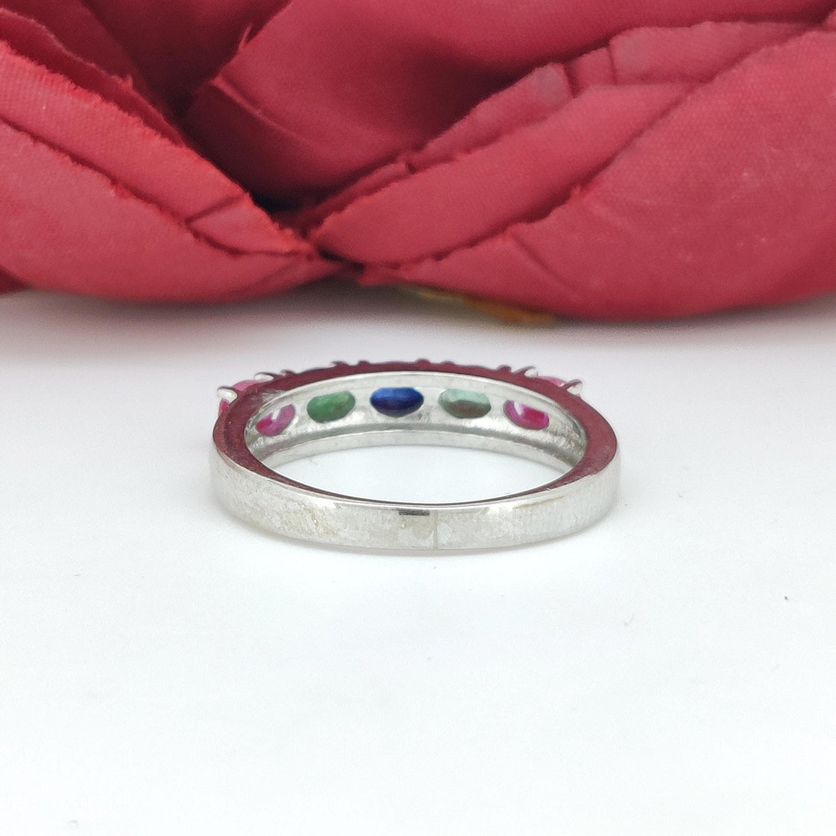 Ruby Sterling Silver Band Ring: Emerald Blue Sapphire Accent - Birthstone Jewelry