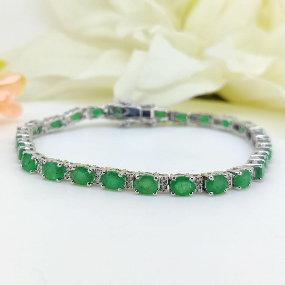 Natural Emerald Tennis Bracelet-925 Sterling Silver-Oval Gemstone-May Birthstone Bracelet