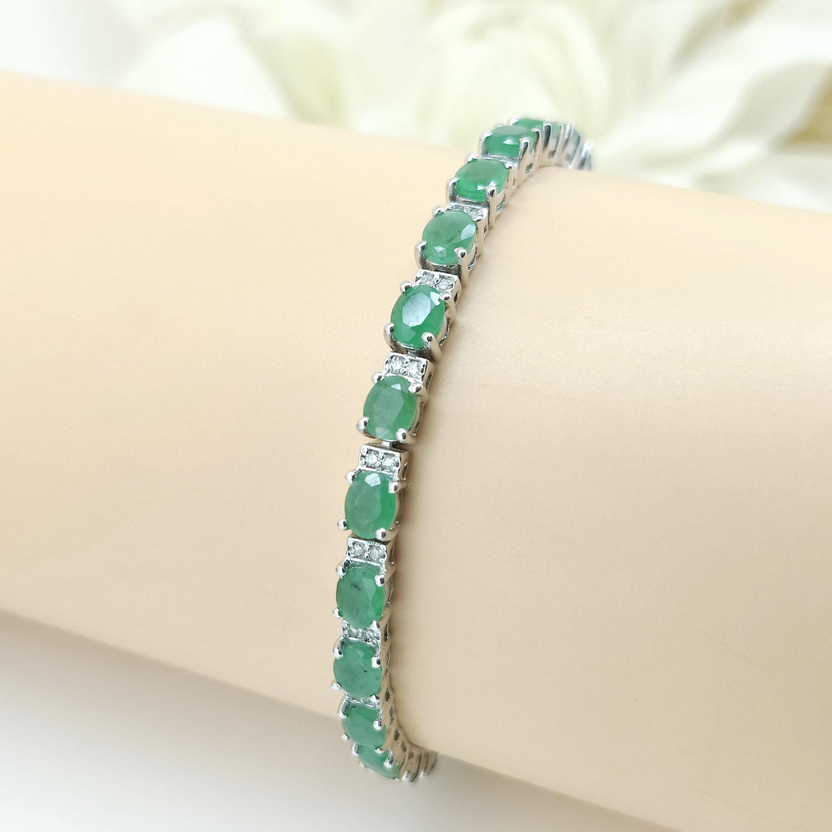 Natural Emerald Tennis Bracelet-925 Sterling Silver-Oval Gemstone-May Birthstone Bracelet