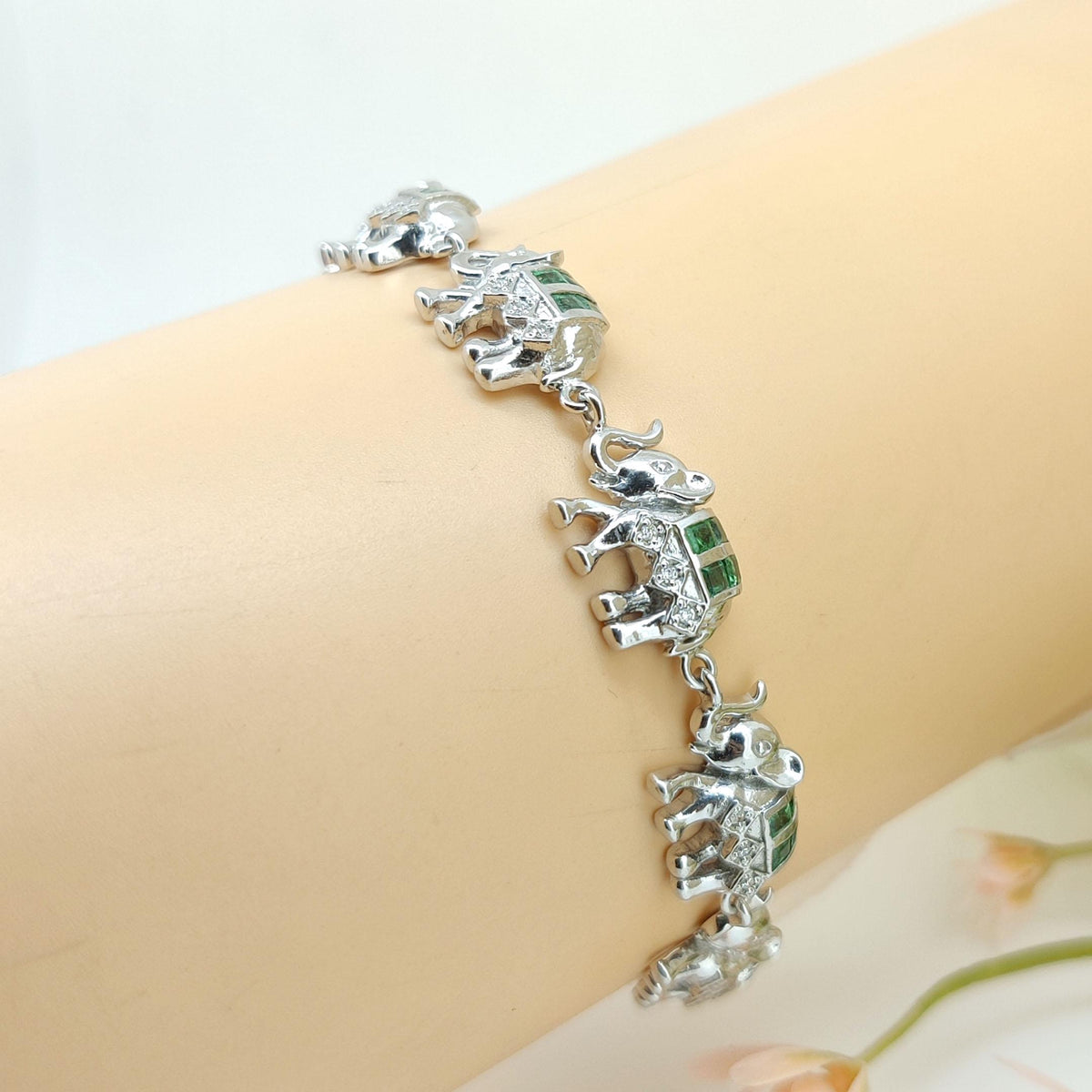 Natural Emerald Elephant Bracelet-925 Sterling Silver-Square Gemstone-May Birthstone Bracelet