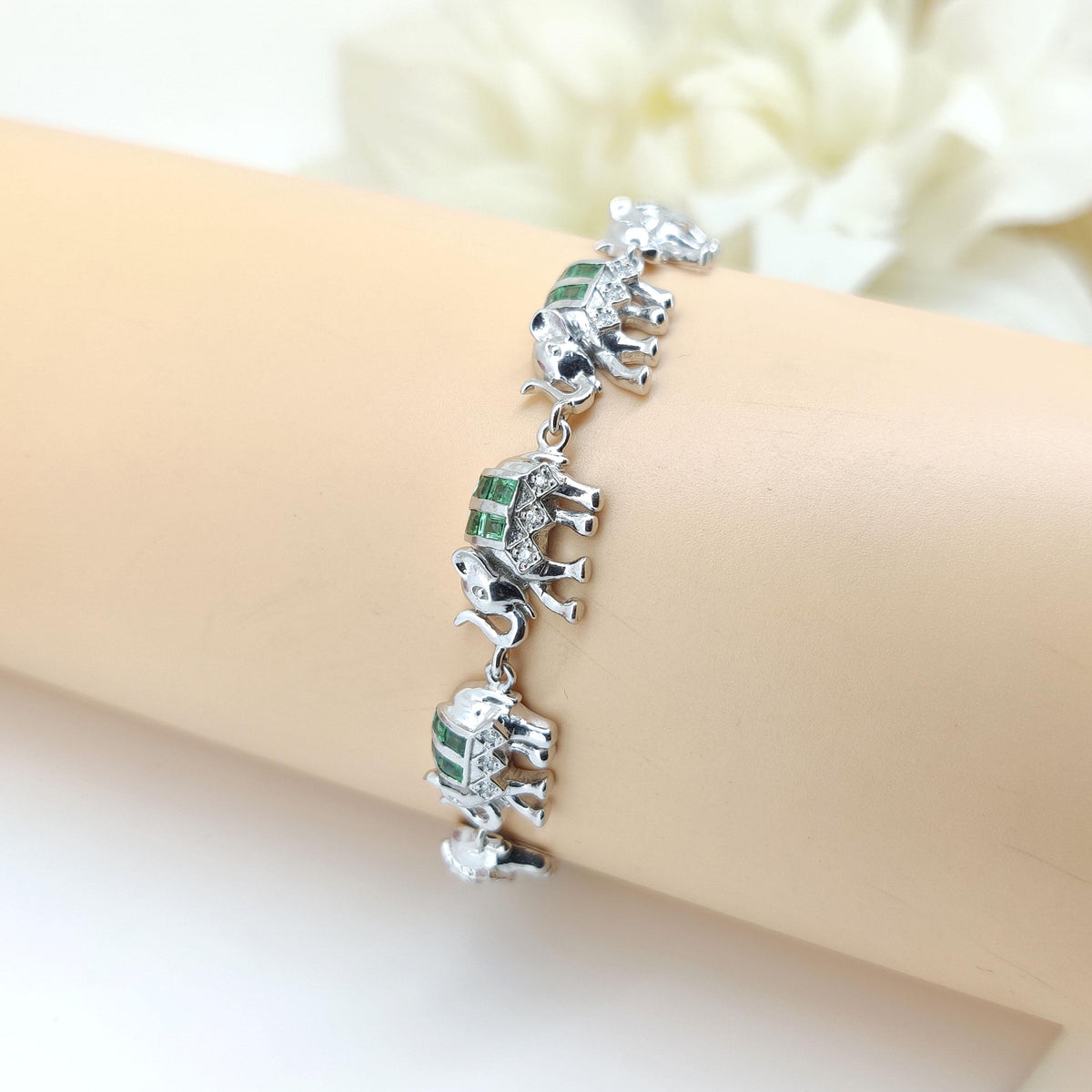 Natural Emerald Elephant Bracelet-925 Sterling Silver-Square Gemstone-May Birthstone Bracelet